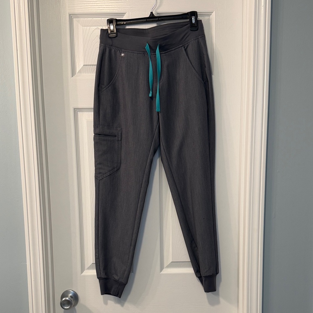 Figs Jogger Pants Graphite Gray with Teal Drawstring